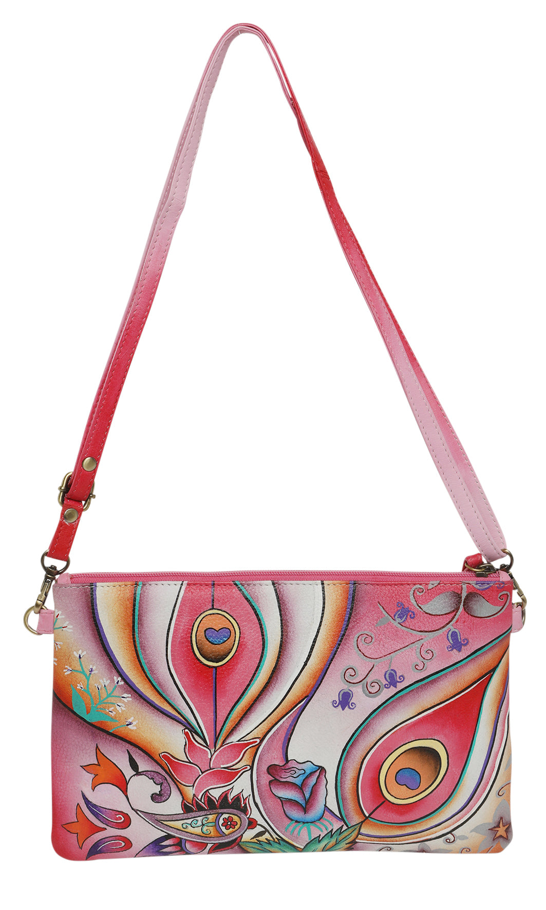 Ladies Leather Shoulder/Cross Body, Wristlet Hand painted - New Arrivals 3192 Pink Montage