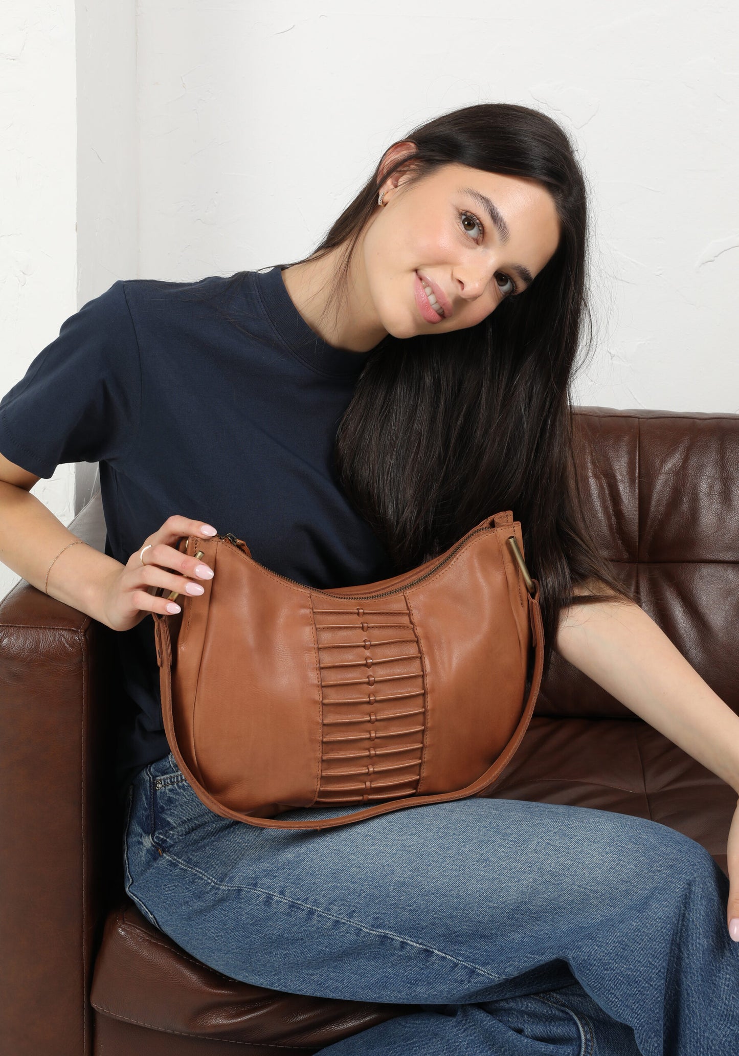 Ladies Leather Shoulder Bag/Hobo Style 7889 Brown