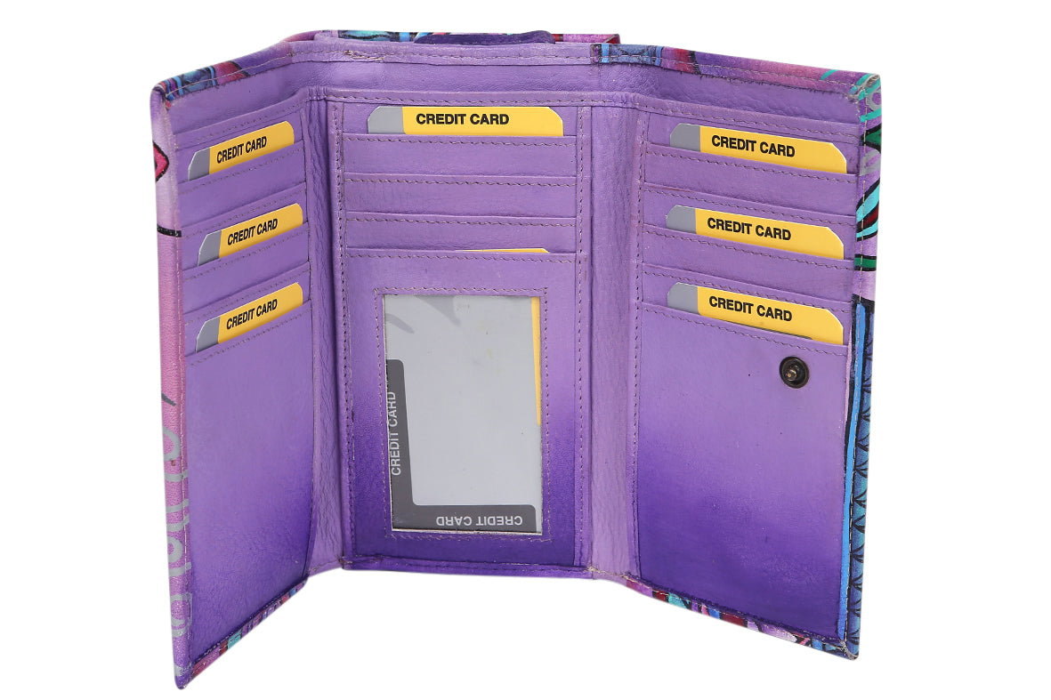 Ladies Hand-Painted Leather Wallet 2193 Purple Montage
