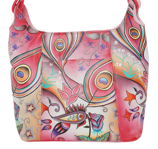 Ladies Leather Shoulder Bag- Hand painted - New Arrivals 3152 Pink Montage