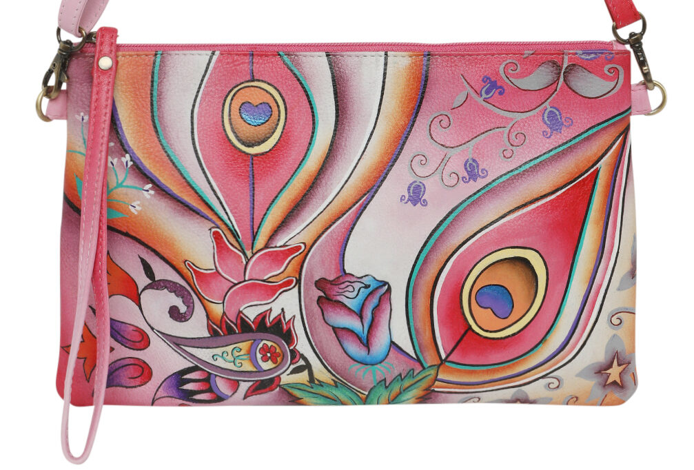 Ladies  Leather Shoulder/Cross Body, Wristlet Hand painted - New Arrivals 3192 Pink Montage