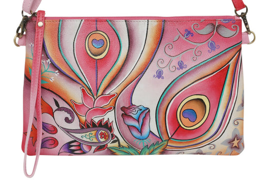 Ladies  Leather Shoulder/Cross Body, Wristlet Hand painted - New Arrivals 3192 Pink Montage