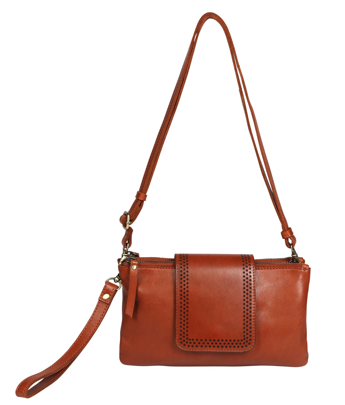 Ladies Leather Wristlet and Leather Cross Body Style 7899 Cognac